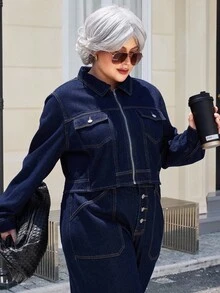 SHEIN Chaqueta de mezclilla azul marino versátil y de moda para mujer de talla grande - Azul lavado oscuro - Ver 9
