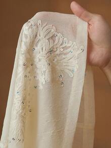 Anewsta 女士优雅浪漫现代细肩带腰部收紧 V 领褶皱胸部设计露背透明蕾丝连体裤直筒裤，新年服装 - 杏色 - 查看 7