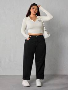 SHEIN ICON Plus Size Front Button Pocket Simple Design Jeans, Casual Daily Wear - Black - View 5