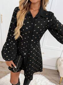 SHEIN LUNE Vestido casual de mujer con lámina de oro para fiestas, atuendo básico para uso diario y salidas en otoño/invierno, vestido mini de manga larga - Negro y oro - Ver 4