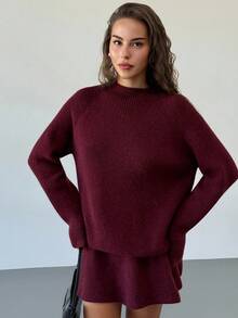 Aloruh Soft Ribbed Knit Two Pieces Set, Mock Neck Long Sleeve Sweater & Mini Skirt Casual Spring Outfits For Women - Burgundy - View 6