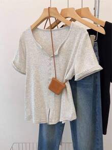 Resyla 大码女式休闲复古简约浪漫纽扣T恤 - 灰色 - 查看 1