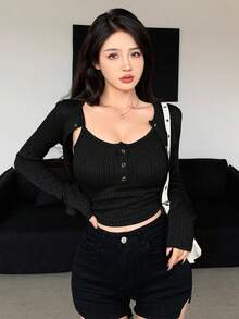 DAZY Bộ 2 áo thun dài tay cổ tròn màu trơn cho nữ - màu đen - Xem 4