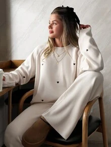EURMUSE Heart Embroidery Knitted Sweater And Pants Set, Casual For Autumn/Winter - Cream - View 1