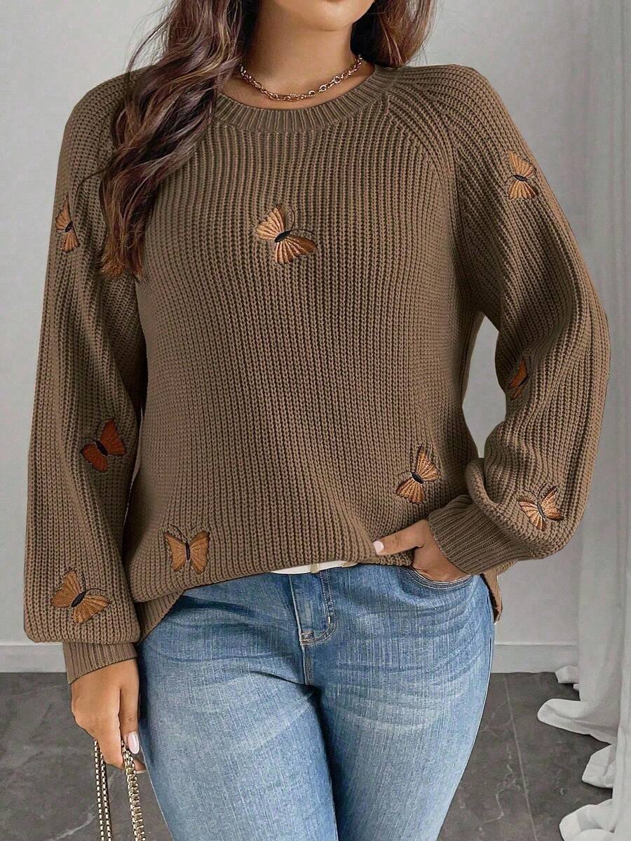 SHEIN Clasi Women Plain Knitted Bow Embroidery Flowers Long Sleeve Regular Elegant Pullover Sweater, Autumn Winter Sweater With Bowsbow Sweaterelegant Sweater