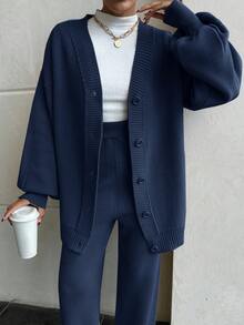EURMUSE Women Drop Shoulder Button Front Cardigan And Sweater Pant 2 Pieces Outfit Set Co-Ords - Navy Blue - View 4