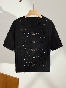 Maija Women's Sequin & Rhinestone Decorated Short Sleeve Knit Top , Luxury Women's Black Knit Top  Winter Clothes