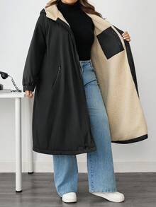 SHEIN CURVE+ Women's Plus Size Casual Loose Hooded Fleece Jacket, Autumn/Winter - Black - View 10