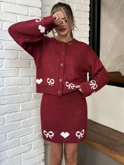 EURMUSE Women Hearth Pattern Front Button Cardigan & Sweater Skirt Set Knit Two Piece Set Sweater Sets For Women Modest Two Piece Set Two Piece Set Women Dress Dress With Cardigan Set