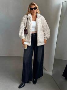 SHEIN Privé 大码女式休闲纯色简约蓬松长袖夹克，女士冬装，女士休闲装白色外套，机场服装，女士冬季外套，女士冬季外套 - 米色 - 查看 4