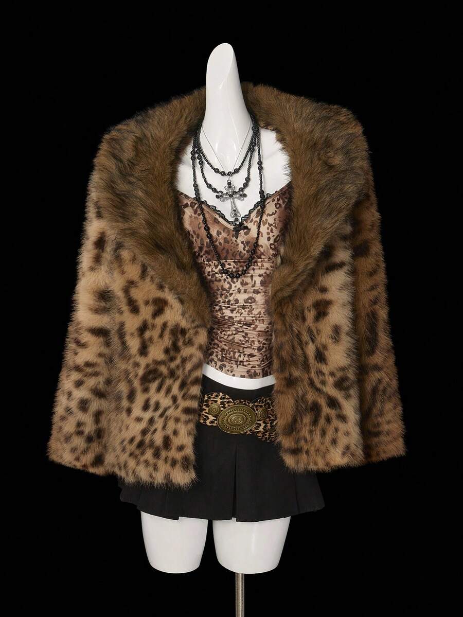 SHEIN ICON 女式仿皮草大衣，性感豹纹翻领，适合派对和日常穿着，秋冬季 - 彩色 - 查看 1