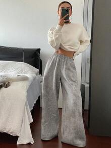 Livesso Women's Loose Straight Leg Wool Blend Pants, Casual Business Commuter Style With Contrast Stripe Patchwork, Suitable For Autumn Fall And Winter