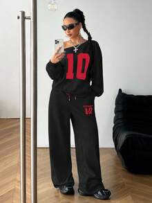 Coolane 女孩冬季 Y2K 学院风日常穿着数字印花保暖不对称领口长袖运动衫和白色松紧腰带阔腿运动裤 - 黑色 - 查看 3