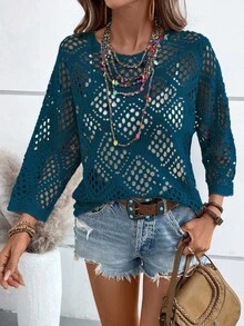 EMERY ROSE Áo len cổ tròn rỗng màu trơn đơn giản dành cho nữ - Màu xanh ngọc - Xem 6