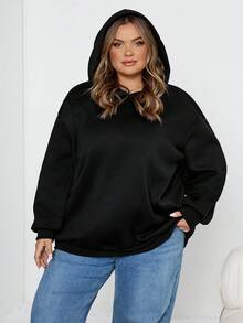 SHEIN CURVE+ 大码女式黑色长袖连帽休闲宽松运动衫，适合秋冬季 - 黑色 - 查看 8