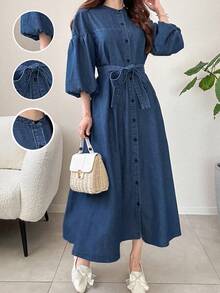 Teen Girls Y2K Elegant Casual Denim Long Dress With Button Design And Lantern Sleeves,Fall Dress, Solid Color Elegant & Simple & Versatile Shorts, Fall Autumn Winter Clothes Outfits,Girls Back To School Streetwear Outfits,Comfortable And Versatile,Suitable For School, Home And Travel