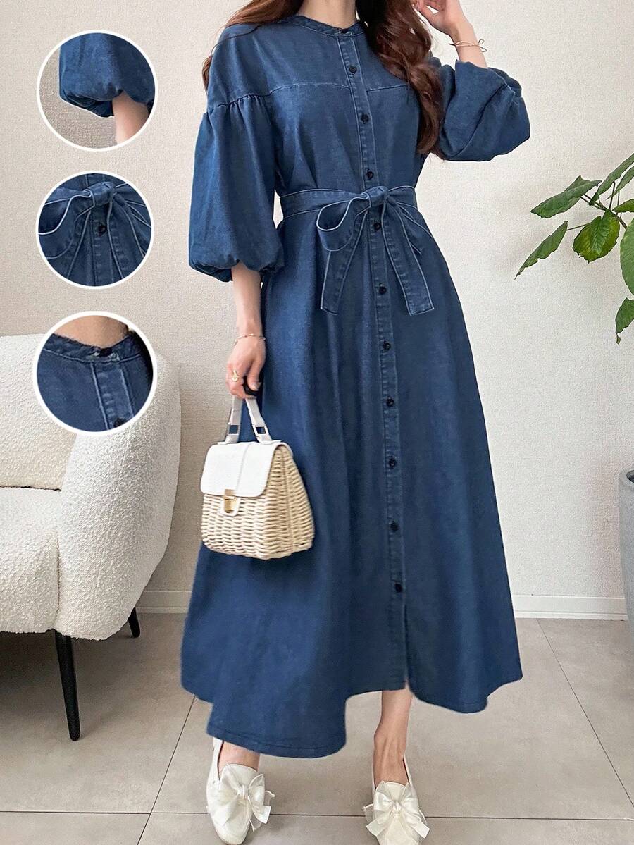 Teen Girls Y2K Elegant Casual Denim Long Dress With Button Design And Lantern Sleeves,Fall Dress, Solid Color Elegant & Simple & Versatile Shorts, Fall Autumn Winter Clothes Outfits,Girls Back To School Streetwear Outfits,Comfortable And Versatile,Suitable For School, Home And Travel