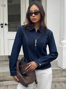 DAZY Women's Collared Fitted Princess Seam Denim Blouse Long Sleeve Women - Blue - View 3