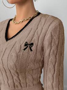 EMERY ROSE Autumn/Winter Fashion Butterfly Embroidery V-Neck Cable Knit Women Pullover Sweater - Camel - View 3
