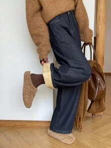 DAZY 女士高腰直筒保暖深蓝色牛仔裤，秋冬季保暖款 - 藏蓝色 - 查看 6