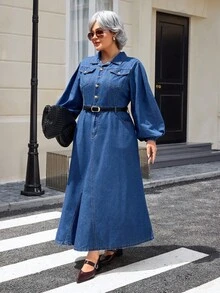 EMERY ROSE Plus Size Women Navy Blue Fashionable Slim Fit Denim Dress - Dark Wash - View 3
