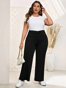 Rosumi 大码女式纯色腰部褶皱阔腿宽松休闲裤