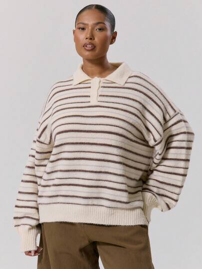 MUSERA Plus Size Stripe Knit Long Sleeve Rugby Sweater , Winter, Back To School, Cute, Everyday, Casual, Coffee Club Curve Evening Party Elegant Spring