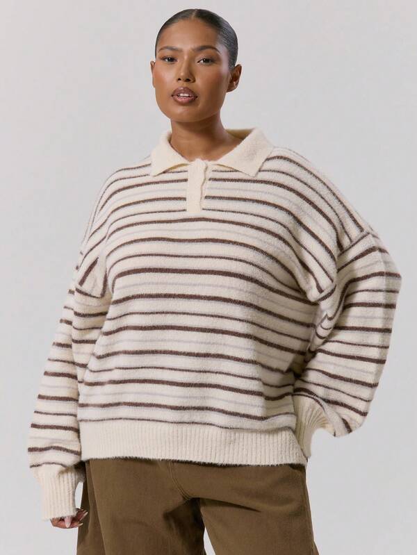 MUSERA Plus Size Stripe Knit Long Sleeve Rugby Sweater Autumn, Winter, Back To School, Cute, Everyday, Casual, Coffee Club Curve Autumn Winter Fall Thanksgiving Chic