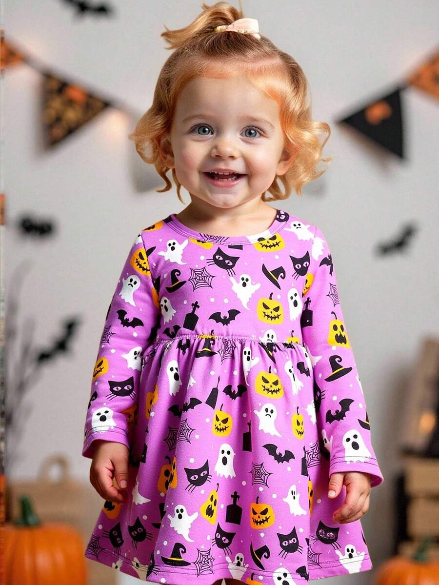 SHEIN Playful Pals Baby Girl Halloween Ghost & Pumpkin Print Cute Casual Comfortable Long Sleeve Holiday Outfit Fall Winter - Multicolor - View 1