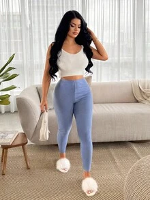 SHEIN SXY 女士休闲保暖牛仔效果打底裤，秋季，健身服，瑜伽裤，蓝色女士裤装 - 藍色 - 查看 5