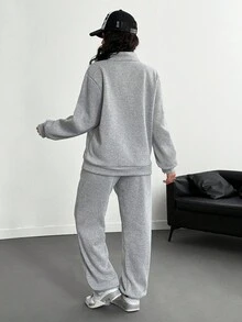 少女骑士印花长袖拉链连帽衫和运动裤休闲套装，秋季 - 灰色 - 查看 10