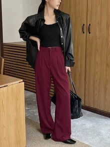 DAZY 女式条纹商务休闲常规裤秋季 - 酒紅色 - 查看 2