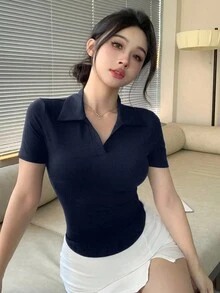 DAZY Women's Sexy Slim Fit Casual Polo Collar Short Sleeve T-Shirt, Summer,Back To School Clothes - Navy Blue - View 3