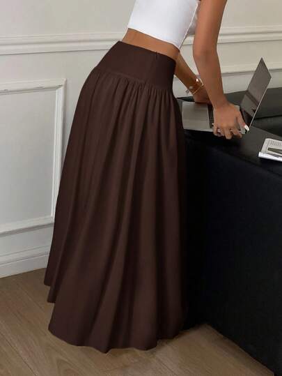 Serisse Women's Solid Color High Waist Pleated Casual Fashion Maxi Skirt,Brown Skirt, Long Brown Skirt, High Waist Skirt, Brown Long Skirt, Brown Elegant Skirt Winter Spring