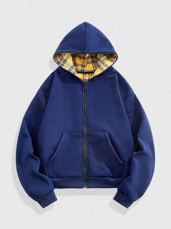 Prep sweat-shirt à capuche zippé casual à carreaux et patchwork pour hommes, automne