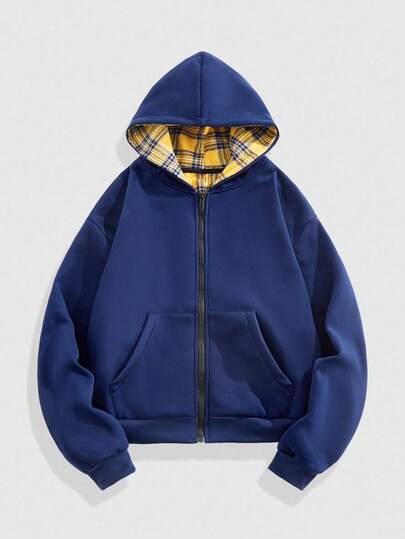 Street Life Men's Casual Plaid Patchwork Zip-Up Hoodie, Fall