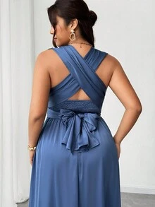 Elenzga 大码女式 A 字形 V 领露背及地缎面伴娘礼服，百搭百搭 - 霧霾藍 - 查看 4
