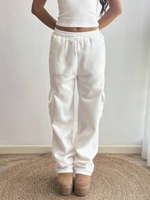 SHEIN Unity Women's Solid Color Drawstring Waist Cargo Pocket Straight Leg Casual White Sweatpants - White - View 5