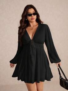 Elaquor Đầm thời trang tay loe buộc nơ cổ chữ V sâu màu trơn cỡ lớn cho nữ gợi cảm - màu đen - Xem 8