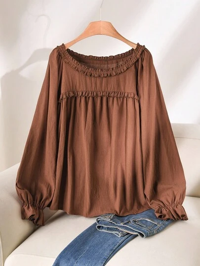 CosyJoli Plus Size Women Frill Trim Round Neck Long Sleeve Casual Brown Shirt, Versatile For Daily Wear/Fall/Winter