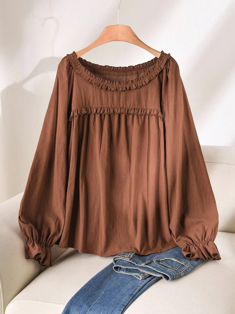 CosyJoli Plus Size Women Frill Trim Round Neck Long Sleeve Casual Brown Shirt, Versatile For Daily Wear/Fall/Winter - Brown - View 1