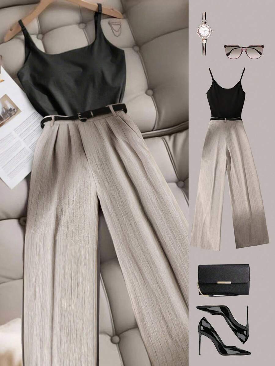 GlowEve 女士休闲通勤条纹阔腿裤 - 卡其色 - 查看 1