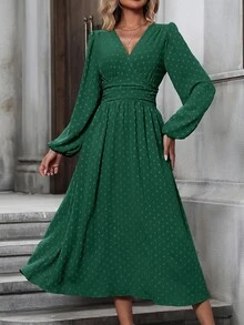 EMERY ROSE Swiss Dot Surplice Neck Lantern Sleeve Ruched Waist Dress Maxi Women Outfit - Green - View 5