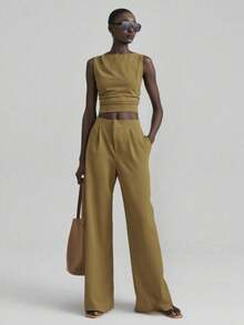 Ontre 2025 New Arrival Women Autumn/Winter Clothing, 4 Seasons Apparel, Women's Fall Outfits, Autumn, Halloween, Back To School, Christmas, Oktoberfest Casual Outfits, Night Out Attire, Wedding Guest Dresses, Business Casual, Vintage Style, Women Solid Color Minimalist Daily Wear, Sleeveless Top & Pants 2 Pieces Set