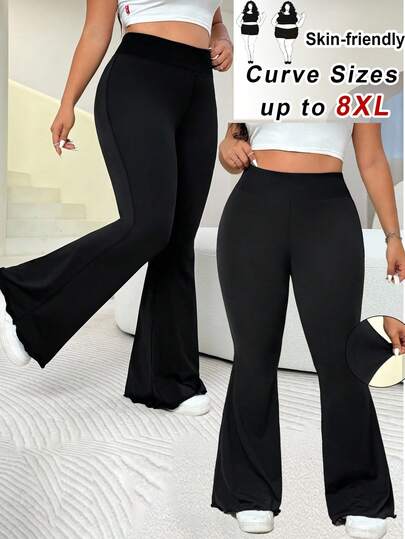 SHEIN CURVE+ 大码女式高腰喇叭休闲黑色裤，百搭/秋冬