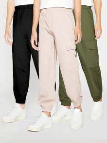 SHEIN Explorewe 年轻女孩纯色弹性腰部工装口袋锥形腿休闲裤 - 彩色 - 查看 7