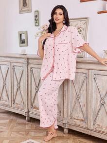 CottageSlumber Plus Size Women Cherry Plaid Print Pocket Ruffle Trim Short Sleeve Pajama Set, Spring/Summer/Autumn - Multicolor - View 1