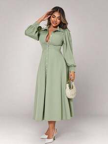 Xyvia 女式优雅纯色灯笼袖前扣衬衫裙 - 薄荷綠 - 查看 6