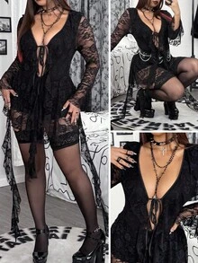 Whyspr Đầm ngắn Halloween cổ chữ V thắt nơ ren viền bèo nhún cỡ lớn cho nữ, viền bất đối xứng, tay loe, khoét sâu, thanh lịch, cổ điển, gợi cảm, dễ thương, thường ngày, phong cách Punk Goth, vải mùa thu cho nữ - màu đen - Xem 1