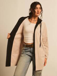 SHEIN LUNE 加大码女式冬季连帽外套，杏色和黑色纹理面料，秋季外出休闲外套，保暖 - 杏色 - 查看 3